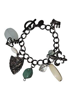 SHI by Journeys Charm Bracelet Fleur de Lis Shield Crown Gothic Silver Tone